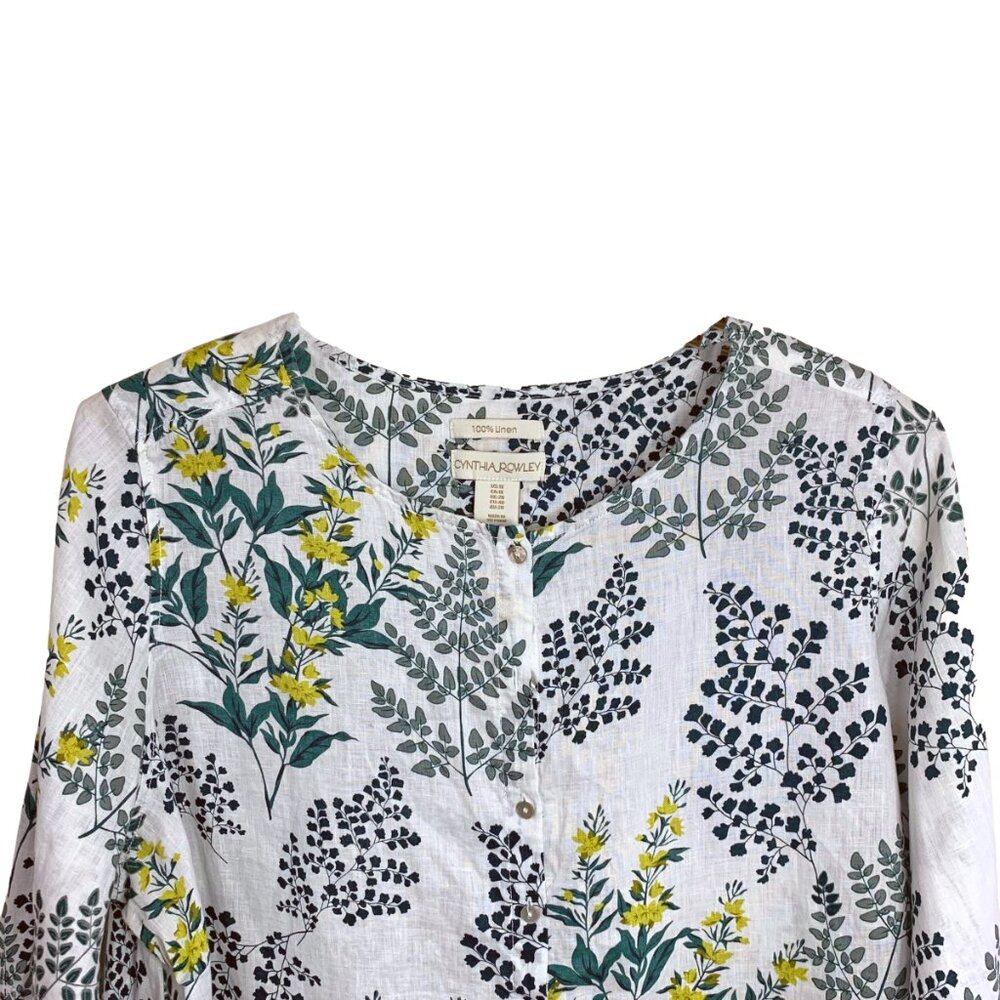 Cynthia Rowley White Linen Floral‎ Garden Print Button Down Tunic - Picture 3 of 8